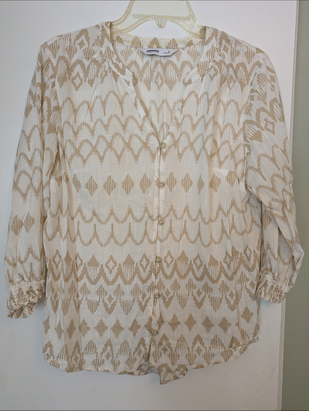 SONOMA Cream and Tan Geometric Button-Down Blouse